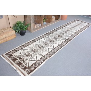 พรมขนสัตว์ตุรกีวินเทจสีขาวน้ำตาล330 x 1050ft โบฮีเมียนสี่เหลี่ยมผืนผ้าห้องโถงแบบเย็บต่อกันออกแบบสำหรับห้องนอนข้างเตียงน้ำยาง - Product Image 1