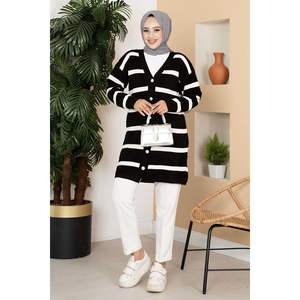 Cárdigan de punto con detalle de botones a rayas para mujer, jersey negro informal largo con decoración de patrón, tela de camiseta - Product Image 3