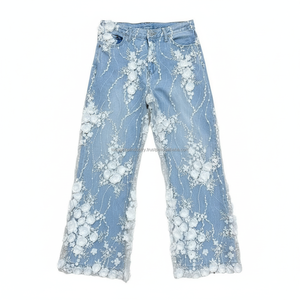 Pantalones Vaqueros Acampanados con Parches de Encaje Blanco para Mujer, Estilo Y2K, Casual, Streetwear, Alta Calidad, Alta Elasticidad, Retro, OEM/ODM - Product Image 3