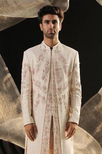 STYLISH & BEAUTIFUL ZARI EMBROIDERY on SHERWANI & <b>PANT</b> WITH MATCHING SHOE WITH EMBELLISHED CRYSTAL GLASS BEADS,DABKA WORK@2024 - Product Image 3