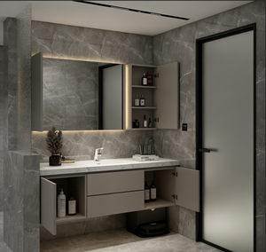 Mueble de <span class=keywords><strong>Baño</strong></span> Personalizado de Color Gris Claro, Montado en la Pared, <span class=keywords><strong>con</strong></span> Lavabo Individual, Encimera de Mármol, Espejo LED, Estantes Abiertos <span class=keywords><strong>y</strong></span> Cajones de Almacenamiento - Product Image 5