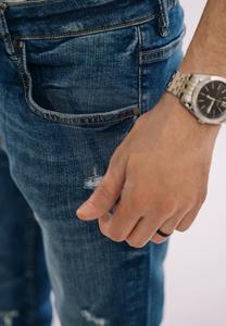 Pantalon coupe ajustée décontracté droit à imprimé vieilli pour hommes taille haute jean skinny côtelé en denim bleu avec fermeture à glissière - Product Image 4