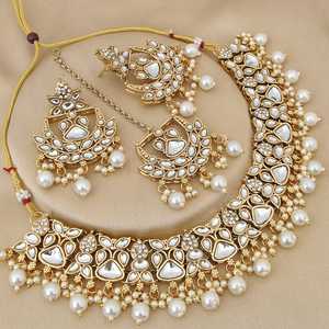 สร้อยคอทองเหลืองคุณภาพพรีเมียมประดับเพชรคันดัน พร้อมต่างหูและมงกุฎสำหรับผู้หญิง เหมาะสำหรับงานแต่งงานและโอกาสพิเศษ - Product Image 2