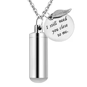 Stainless Steel Cylinder And Disc Charm Cremation Jewelry Urn Necklace For Ashes Memorial Ashes Necklace