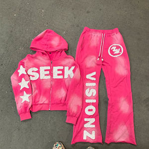 Customized Heavyweight Sun Faded Washed Men's Outdoor Tracksuits Distress Embroidery Flare Pants Hooded <b>Vintage</b> Style Winter - Product Image 1