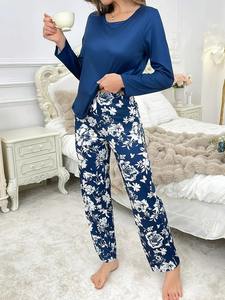 Conjunto de pijama de tela de fibra sedosa con estampado Digital de lujo para mujer, pantalones largos de manga larga transpirables para el verano - Product Image 2