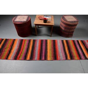 พรมขนสัตว์วินเทจแบบดั้งเดิมลายทางสีดำและสีส้ม (2x9.9ฟุต) ที่มีรูปแบบการเย็บปะติดปะต่อกันและด้านหลังของยาง - Product Image 3