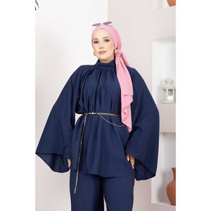 Stylish <b>Navy</b> Blue Chain Belt Tunic and Pants Set Casual Flared Velour and Crepe One Set - Product Image 2