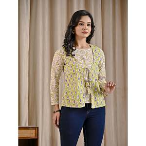 Haut asymétrique en coton vert imprimé à la main pour femme, col à volants, longueur longue, taille XL, brodé, en popeline unie tricotée - Product Image 6