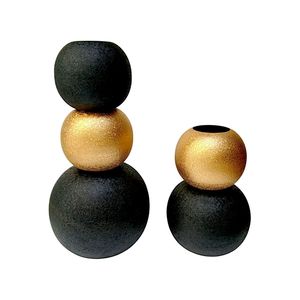 Ensemble de vases de style totem minimaliste nordique, artisanal, glaçure craquelée, vase à boule dorée, vase rond abstrait créatif pour l'intérieur - Product Image 1