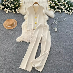 Traje de punto minimalista de gama alta de lujo ligero, Camisa sin mangas de verano para mujer + Pantalones largos de cintura alta - Product Image 5