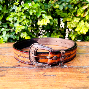 Latest Youth Western Cross <b>Tooling</b> Genuine <b>Leather</b> Belt Custom Length with Vintage Hand Carved Buckle - Product Image 2