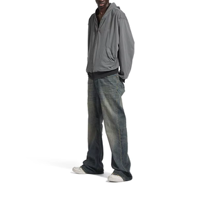 Custom Men's Reversible Boxy Fit <b>Black</b> Grey Casual Retro Contrast Hem High Quality French Terry <b>Fabric</b> Zipper Hoodie - Product Image 2