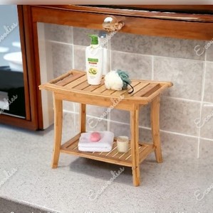Tabouret de douche de luxe en bois de bambou organisateur de rangement de salle de bain banc extérieur intérieur à 2 niveaux pour tabouret de salle de bain Console d'incrustation d'os - Product Image 3