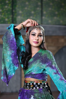 Ensemble de jupe de danse bohème tie-dye pour femmes, multicolore, en rayonne, lehenga choli avec travail de paillettes, manches évasées