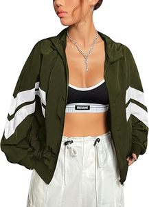 Olive Green Cropped Woven Color Blocked Bomber <b>Jacket</b> <b>Women</b> Zip up Hooded <b>Lightweight</b> Casual Streetwear Sportswear Outerwear - Product Image 3