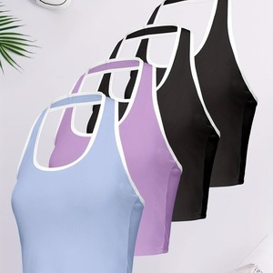Paquete de 4 camisetas sin mangas de Color sólido con estampado de logotipo personalizado para mujer, talla XS, cuello Halter, chaleco informal para gimnasio, Yoga, tela tejida con ribete en contraste - Product Image 4