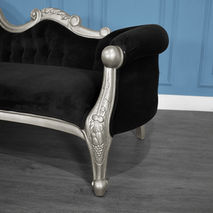 Chaise Longue Tradicional Versailles de un Solo Lado, Hecha de Madera de Caoba, Tela Plateada de Alta Calidad, Terciopelo Negro, para Uso en Interiores del Dormitorio - Product Image 5