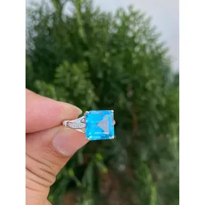 14k Yellow Gold for Swiss Blue Topaz <b>Ring</b> for <b>Men</b> Emerald Cut Invisible Setting for Engagement IGI Certified Gemstone Number - Product Image 3