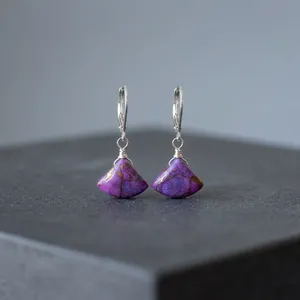 Pendientes Colgantes en Forma de Abanico de Turquesa Púrpura, Corte Trillón, Plata Mohave, Atrevido Estilo Diario, Plata de Ley 925, Diciembre - Product Image 4