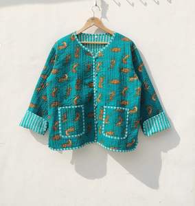 Tigre main bloc imprimé réversible matelassé coton veste femmes Style bohème manteau vert Floral décontracté hiver vêtements d'extérieur - Product Image 6