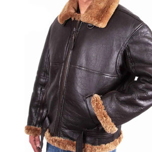 Vintage Sheep Leather Biker <b>Jacket</b> for <b>Men</b> <b>Sherpa</b> Lined Zip Up Flight <b>Jacket</b> with Adjustable Belt Winter Outerwear - Product Image 3
