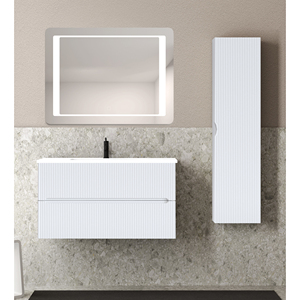 100 cm specchio in argilla lavello in resina bianca opaca con composizione da bagno a colonna - Product Image 1