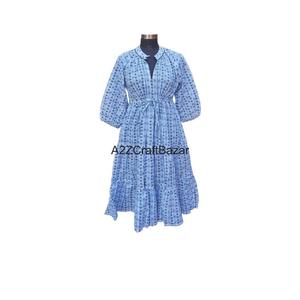 Haute qualité personnalisé femmes ample col en v à manches longues robe mi-longue florale impression numérique coton été quotidien Style Boho naturel - Product Image 2