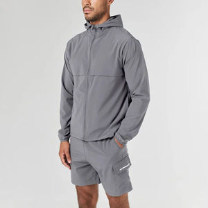 Conjunto Deportivo para Hombre, Chaqueta Cortavientos Gris y Pantalones Cortos, Transpirable, Resistente al Viento, Ligero, 2 Piezas, con Capucha, para Correr, Ropa Deportiva para Exteriores - Product Image 5