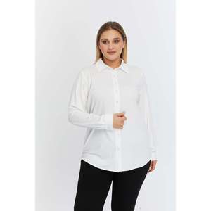 Chemise en maille drapée en mélange de modal grande taille RMG pour femme, chemisier blanc confortable à manches longues et coupe ample - Product Image 1