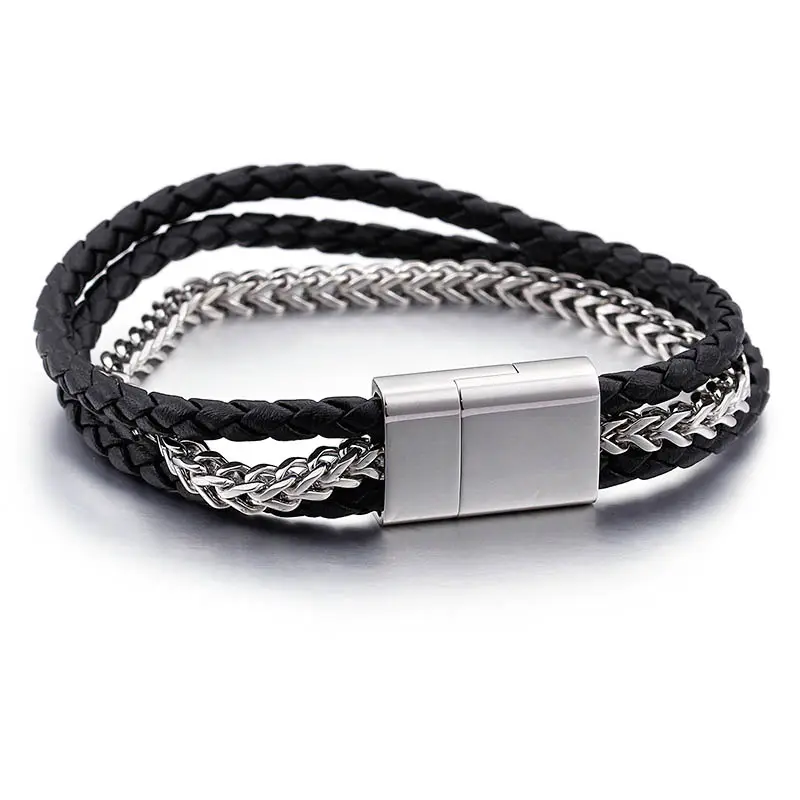 Classic Braided Leather Men Bracelet Stainless Steel Magnetic Clasp Genuine Leather Braided Franco Chain Bracelet For Men