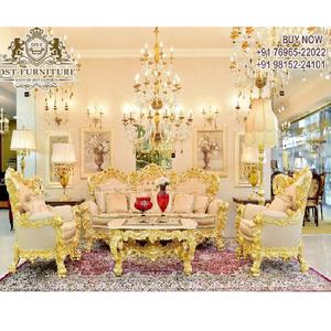 ชุดโซฟาสไตล์บ้านพักตากอากาศสุดหรู ขัดเงาสีทอง ดีไซน์ยุโรป แกะสลักด้วยมือ ชุดโซฟาไม้แกะสลักสำหรับบ้านหรู - Product Image 1