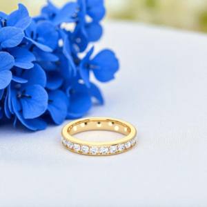 0.75 Carat E-F/VVS-VS <b>Moissanite</b> Round Diamond Half Eternity Channel Setting Unisex Band <b>Ring</b> Made in Solid Gold - Product Image 2