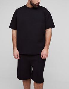 Top tendance article 100% coton hommes ensemble court personnalisé bouffée imprimé logo lourd couleur noire unie 2 pièces mans jogging - Product Image 6