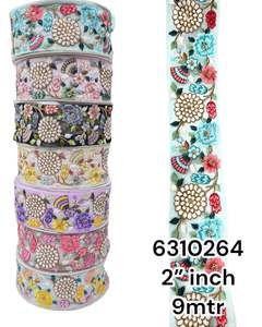 Options sur mesure en dix couleurs lacets de travail en fil brodé à motifs floraux 1.5 pouces de largeur paillettes d'organza de coton de soie pour - Product Image 2