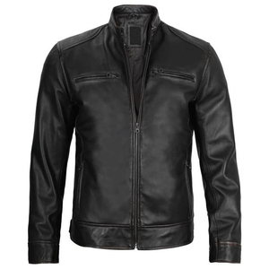Chaqueta de motociclista Gatsby negra con cremallera de anilina de piel de oveja auténtica para hombre con forro negro acolchado y bolsillos exteriores interiores - Product Image 4
