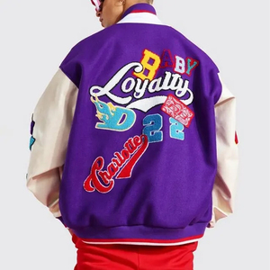 2025 grande taille hommes violet Varsity Letterman veste en gros brodé Chenille Logo manches longues en cuir veste debout - Product Image 3