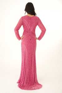 Vestido de noche de malla polimérica Vintage rosa fuerte para mujer, mangas completas con diseño de cuentas, escote en O, vestido de fiesta hasta el suelo - Product Image 4