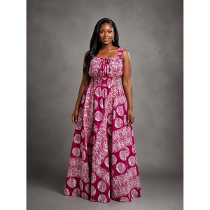 Abito lungo Ankara rosa shocking e bianco senza maniche con spalline - Product Image 1