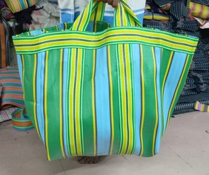 Eco-Friendly Multicolor Stripes Women's Handbags India Manufactured Recycled <b>Nylon</b> Waterproof Woven Two Handle Bucket Shopping - Product Image 3