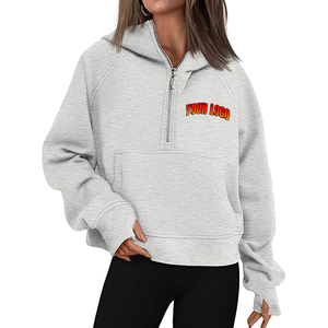 Customized <b>Grey</b> Color Quarter Zipper Oversized Hooded <b>Women's</b> Pullover Hoodies Streetwear High Quality 100% Cotton <b>Fleece</b> - Product Image 4