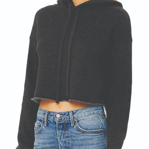 Dark Grey Cropped Women <b>Fleece</b> <b>Hoodie</b> Pullover Style 52% Airlume Combed Ring Spun Cotton 48% Poly Raw Hem Dropped Shoulder - Product Image 5