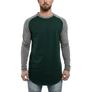 야구 라운드 넥 긴 셔츠 그린 그레이 롱 라인 남성용 기본 롱 티셔츠 맞춤형 로고 고품질 코튼 티