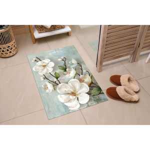 Alfombra Floral de Magnolia Blanca, Elegante Alfombra con Estampado Digital, Suave Tapete Botánico Azul, Alfombra de Chenilla - Product Image 1