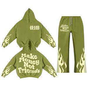 Custom Streetwear Hoodie and Sweatpants Set Embroidery <b>Applique</b> Distressed Sweatuit Set Acid Wash Sweat Suit Flared Tracksuit - Product Image 1