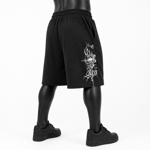 Shorts décontractés pour hommes personnalisés, noirs, style streetwear, en coton molletonné, avec imprimé graphique gothique, taille élastique, OEM ODM - Product Image 6