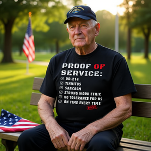 Maglietta Tinnitus con stampa 'Proof of Service DD-214' e messaggio 'Strong Work Ethic & Sarcasm', Categoria Prodotti Promozionali - Product Image 3