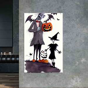 Arte de pared en lienzo con estampado bohemio espeluznante: decoración de calabaza de Halloween, lienzo envuelto - Product Image 1