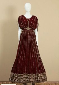 DESIGNER GEORGETTE SEQUENCE EMBROIDERY WORK FANCY SLEEVE GOWN WITH <b>BELT</b> PARTY WEAR DRESS WEDDING WEAR TRADITIONAL WEAR - Product Image 4