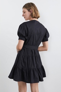 เดรสผ้าฝ้ายแขนพองทรงเอไลน์ ความยาวปานกลาง คอวี ชายระบาย พร้อมเข็มขัดผูกเข้าชุด ซิปซ่อน ลดราคาพิเศษ - Product Image 3